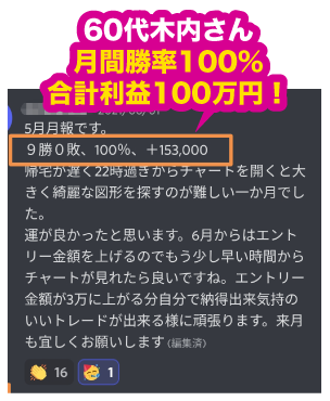 60代木内さん月間勝率100%合計利益100万円！